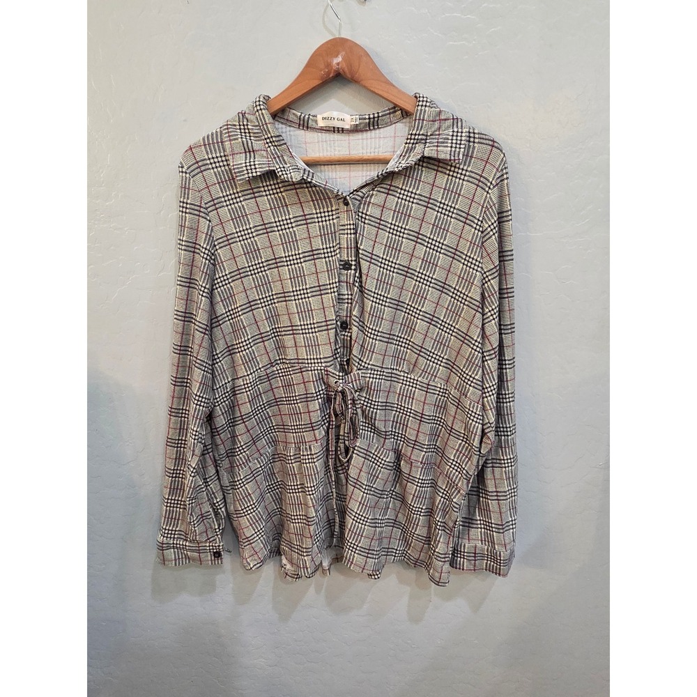 Dizzy Gal Plaid Tie Front Smocked Back Button Down Top 2X Plus Size Woman Blouse